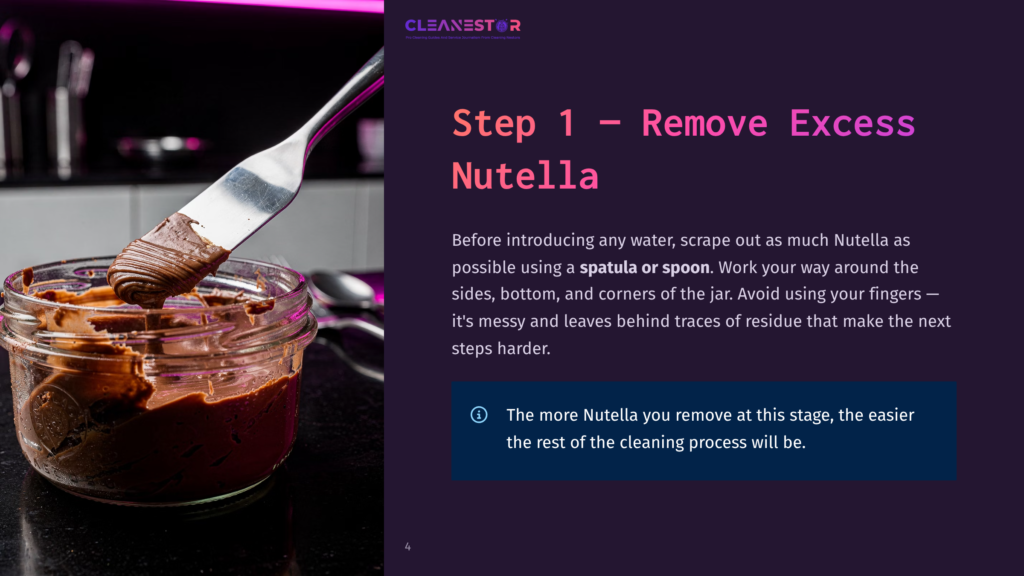 Step 1: Remove Excess Nutella From A Jar Using A Spatula. The Jar Is Full Of Delicious Chocolate-Hazelnut Spread.