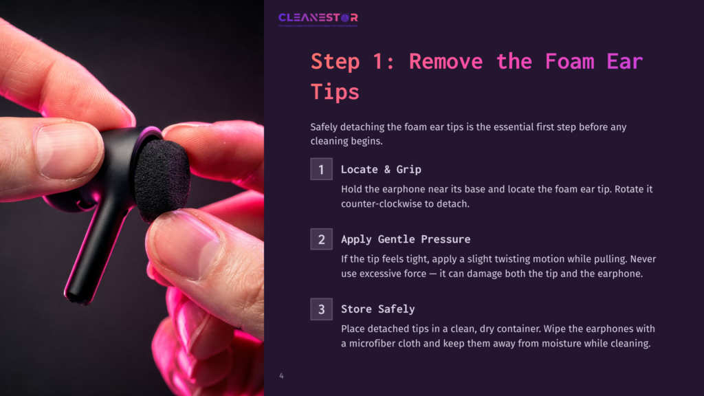 4 Step 1 Remove The Foam Ear Tips Close-Up Of A Hand Gently Removing A Black Foam Ear Tip From A Wireless Earbud, With Text Overlay: &Quot;Step 1: Remove The Foam Ear Tips.