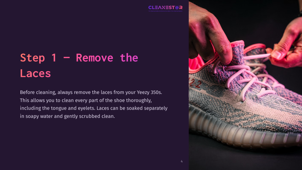 4 Step 1 Remove The Laces Close-Up Of Hands Removing Pink Laces From A Grey And Pink Adidas Yeezy 350S Sneaker, With Text &Quot;Step 1 - Remove The Laces&Quot; Overlayed.