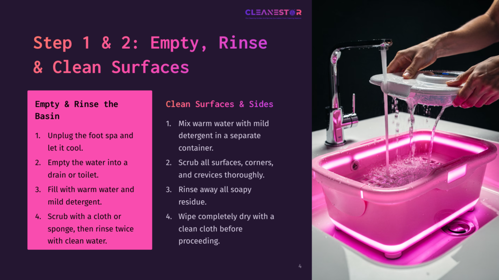 Step 1 &Amp; 2: Empty, Rinse &Amp; Clean Surfaces. A Pink Foot Spa Tub Is Being Rinsed Under A Faucet. Instructions For Cleaning The Foot Spa Are Visible On The Left.