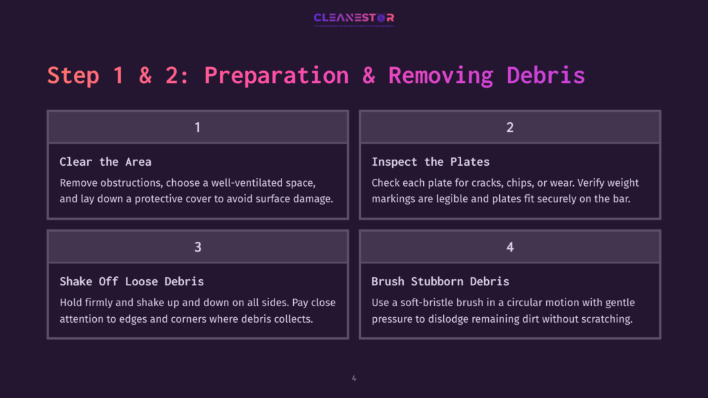 Infographic Titled &Quot;Step 1 &Amp; 2: Preparation &Amp; Removing Debris&Quot; From Cleanestor, Detailing Four Steps: Clear The Area, Inspect The Plates, Shake Off Loose Debris, And Brush Stubborn Debris, With Instructions For Each.