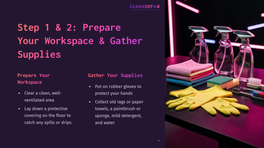 Step 1 &Amp; 2: Prepare Your Workspace &Amp; Gather Supplies For Cleaning. Yellow Rubber Gloves, Cleaning Cloths, And Spray Bottles Are Laid Out On A Dark Surface.