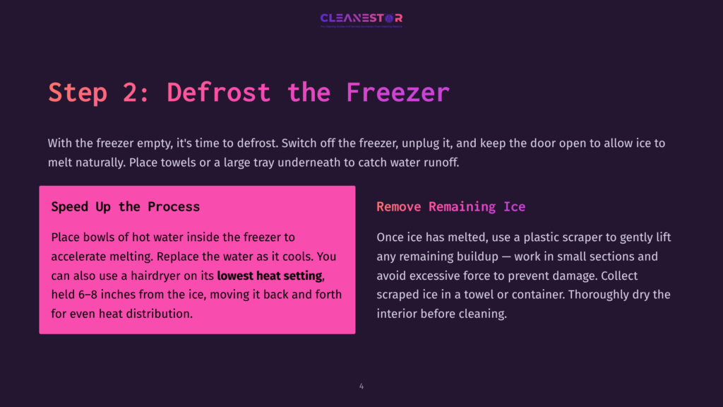 4 Step 2 Defrost The Freezer Step 2: Defrost The Freezer. Text Explains How To Defrost A Freezer, Including Speeding Up The Process With Hot Water And Removing Remaining Ice With A Scraper.