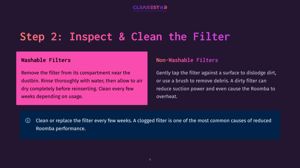 A Dark Purple Background With The Cleanestor Logo At The Top. Below, Large White Text Reads &Quot;Step 2: Inspect &Amp; Clean The Filter.&Quot; Two Boxes Detail Filter Maintenance: &Quot;Washable Filters&Quot; On The Left And &Quot;Non-Washable Filters&Quot; On The Right. A Blue Bar At The Bottom Contains An Info Icon And Text About Cleaning And Replacing Filters For Optimal Roomba Performance.