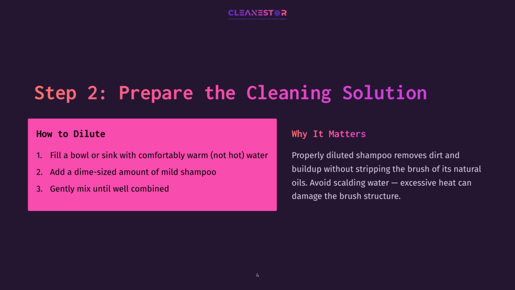 Slide 4: &Quot;Step 2: Prepare The Cleaning Solution&Quot; With Instructions For Diluting Mild Shampoo In Warm Water For Cleaning.