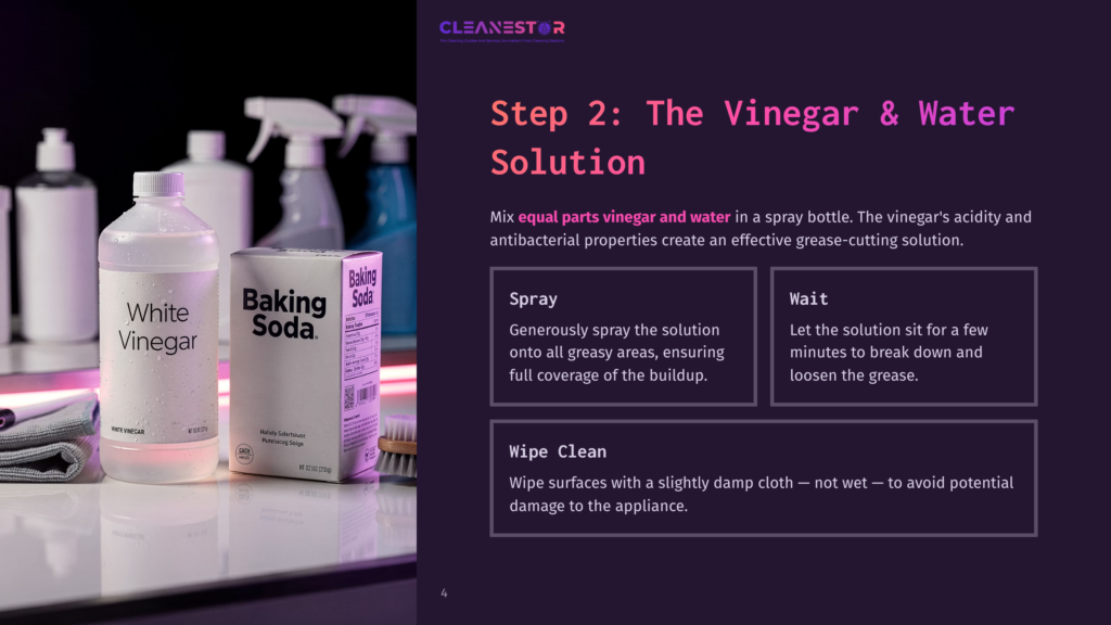 White Vinegar And Baking Soda Bottles, Cleaning Supplies, And A Spray Bottle Are Arranged On A Dark Surface, With A Graphic Overlay Detailing &Quot;Step 2: The Vinegar &Amp; Water Solution&Quot; For Effective Grease-Cutting.