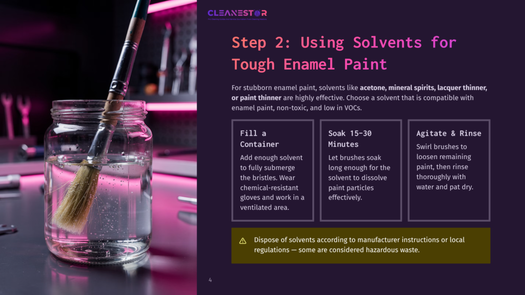 4 Step 2 Using Solvents For Tough Enamel Paint Step 2: Using Solvents For Tough Enamel Paint. A Paintbrush With Bristles Coated In White Enamel Paint Is Submerged In A Glass Jar Of Clear Solvent. The Image Features A Cleanestor Logo And Text About Cleaning Tough Enamel Paint With Solvents.