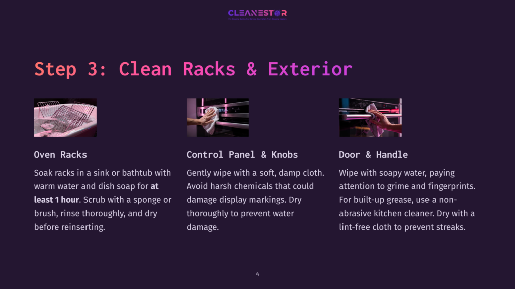 An Instructional Image Shows Three Different Cleaning Methods: Soaking Oven Racks In A Sink With Warm Water And Dish Soap, Gently Wiping A Control Panel And Knobs With A Soft, Damp Cloth, And Wiping The Door Handle With Soapy Water, Paying Attention To Grime And Fingerprints.