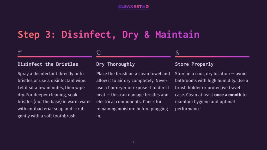 Step 3: Disinfect, Dry, And Maintain A Toothbrush, With Instructions And Icons For Each Step.