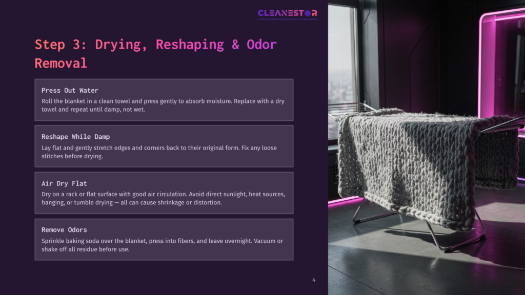 Step 3: Drying, Reshaping, Removal. A Thick, Knitted Blanket Is Draped Over A Drying Rack Indoors, With A Large Window And A Neon Light Fixture In The Background.