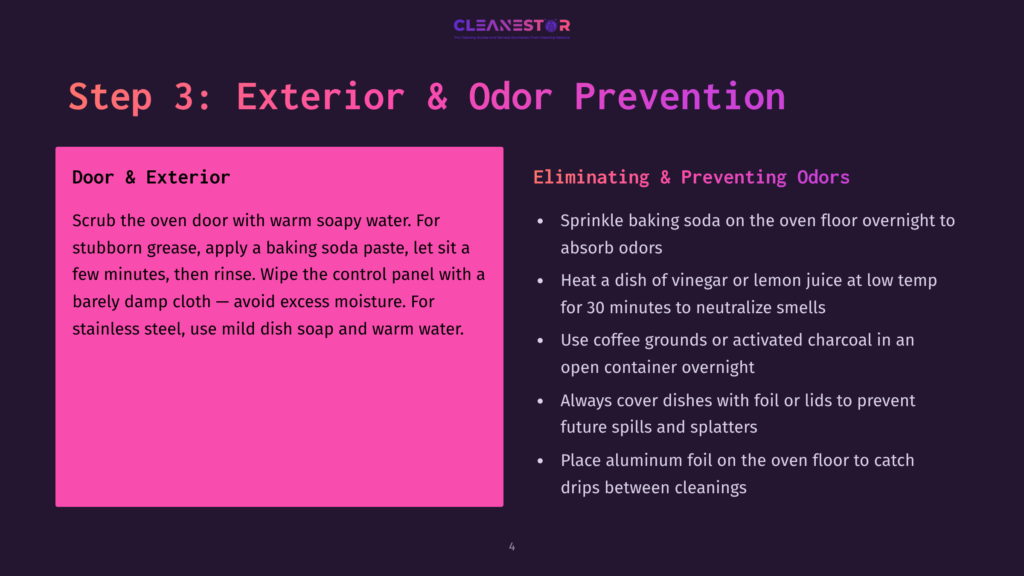 Slide Titled &Quot;Step 3: Exterior &Amp; Odor Prevention&Quot; With Text Detailing Cleaning Methods For Doors, Exteriors, And Odor Elimination In Ovens, Including Sprinkling Baking Soda And Using Vinegar Or Lemon Juice.