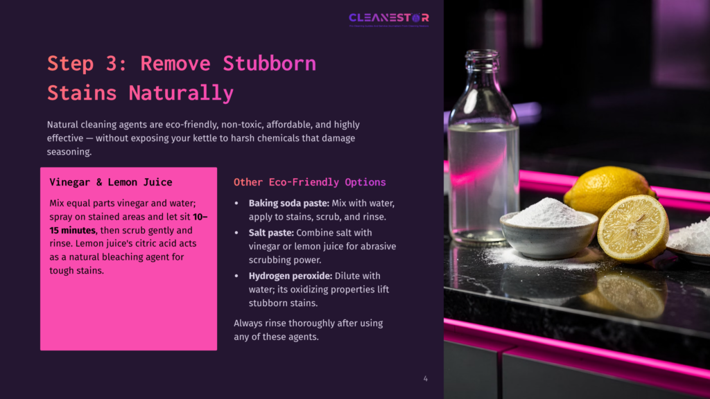 Step 3: Remove Stubborn Stains Naturally With Vinegar, Lemon Juice, Baking Soda Paste, And Hydrogen Peroxide. Ingredients And Instructions Are Displayed On A Purple Background With A Bottle Of Clear Liquid, Lemon, And Salt.