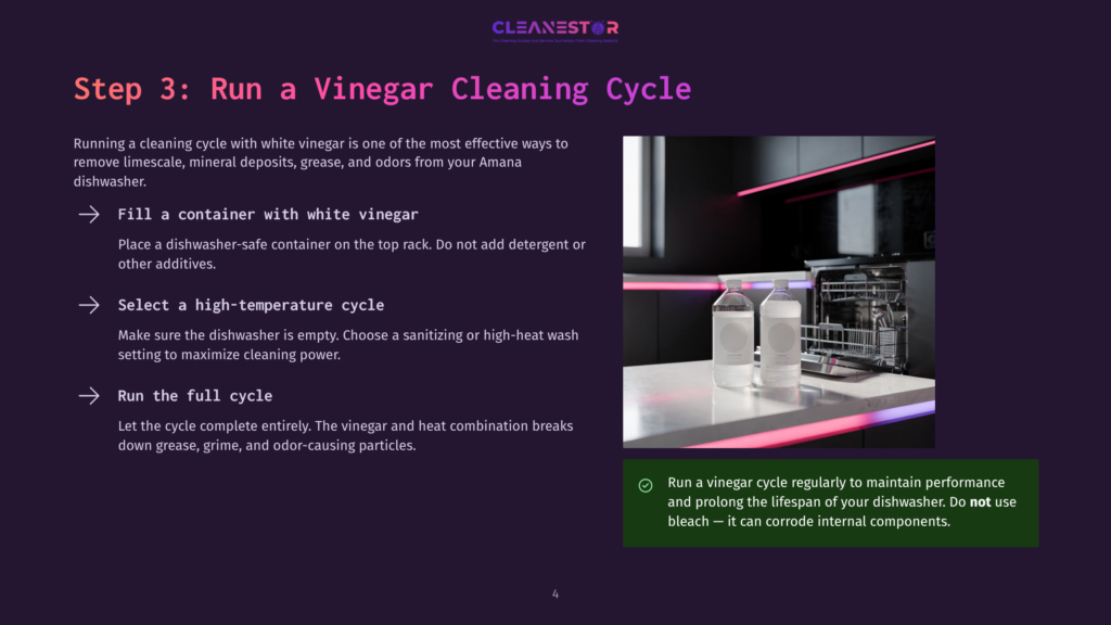 A Modern Kitchen Features An Open Dishwasher With Two Bottles Of White Vinegar On The Countertop, Ready For A Cleaning Cycle.