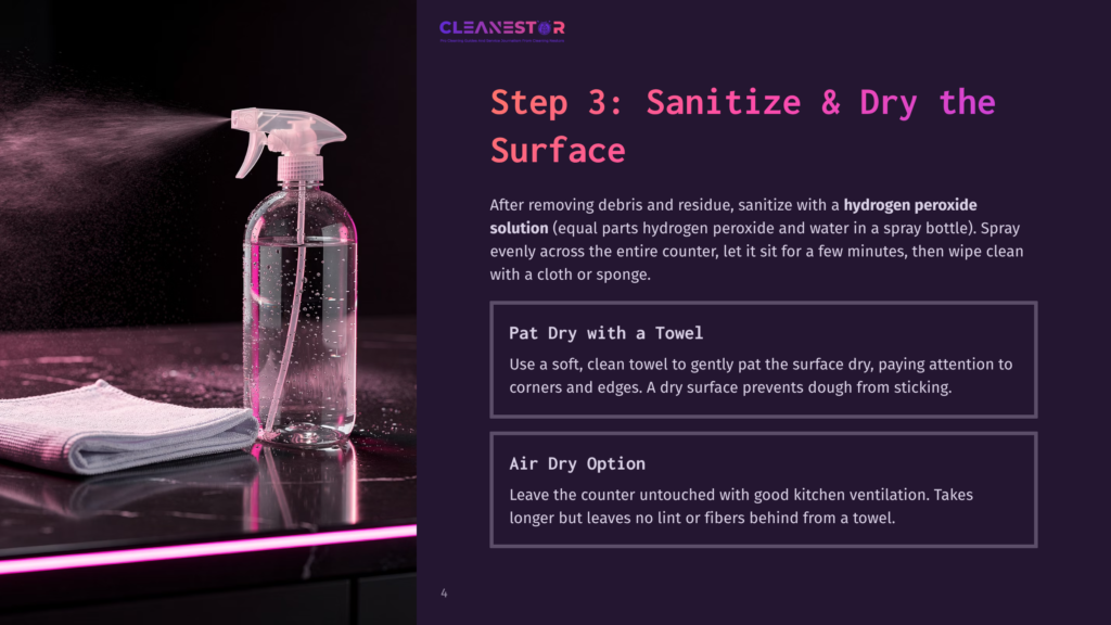 4 Step 3 Sanitize And Dry The Surface A Spray Bottle Dispenses A Cleaning Solution Onto A Countertop Next To A Folded Gray Microfiber Cloth. Step 3: Sanitize &Amp; Dry Your Surface. Use A Clean Towel To Gently Pat The Surface Dry.