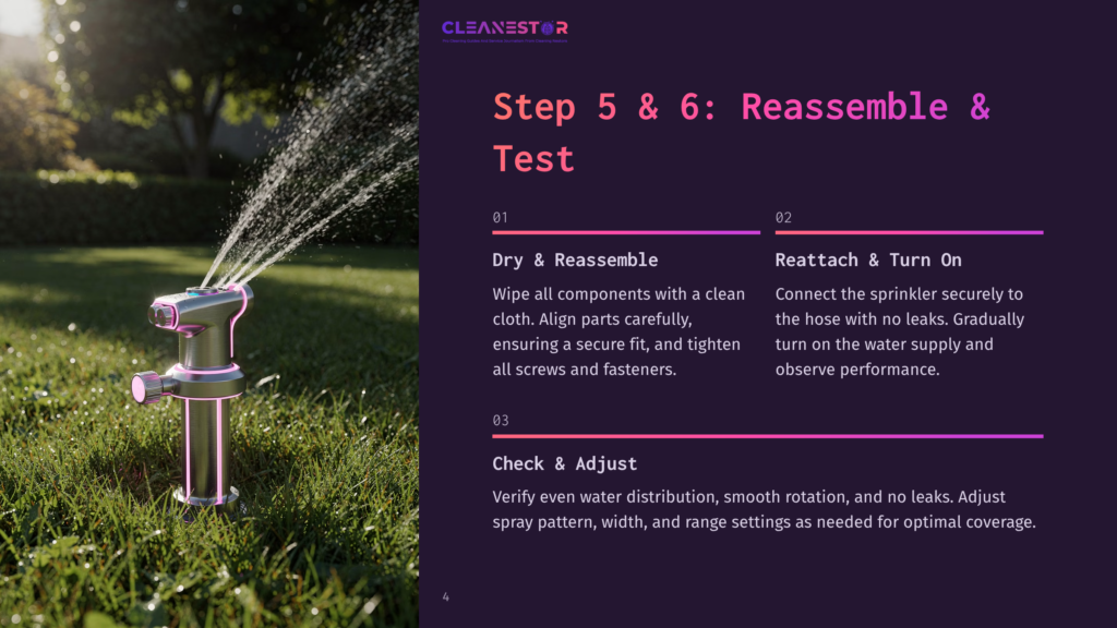 A Lawn With A Cleanesto Sprinkler System, Step 5 And 6 Displayed On The Screen. Step 5 Shows To Dry And Reassemble The Components With A Clean Cloth, Ensuring All Parts Are Aligned And Secured. Step 6 Shows To Reattach The Sprinkler To The Hose With No Leaks, Gradually Turning On The Water Supply And Observing Performance.