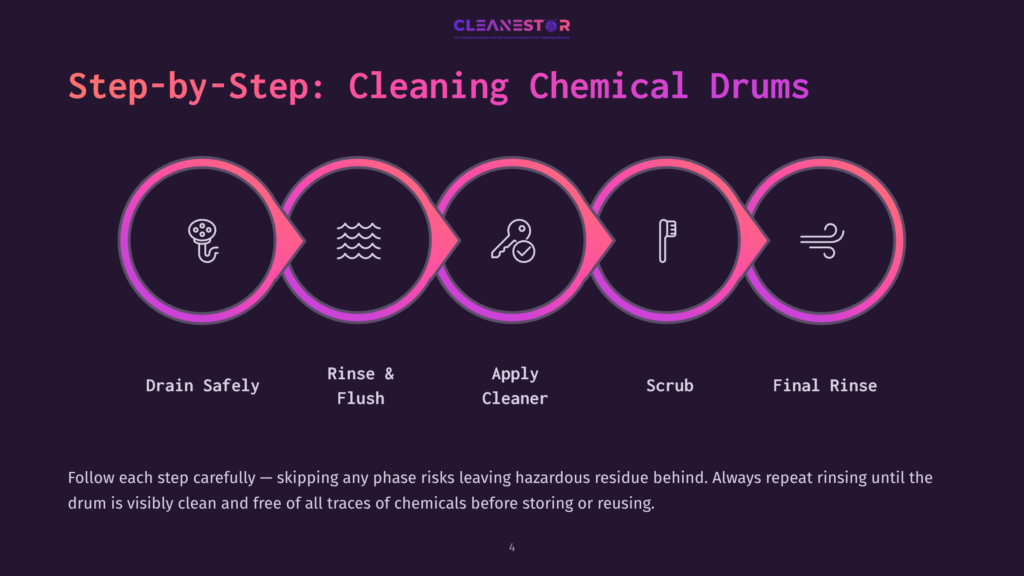 4 Step By Step Cleaning Chemical Drums Step-By-Step Guide For Cleaning Chemical Drums: Drain Safely, Rinse &Amp; Flush, Apply Cleaner, Scrub, And Final Rinse. The Graphic Shows Five Interconnected Circles With Icons Representing Each Step.