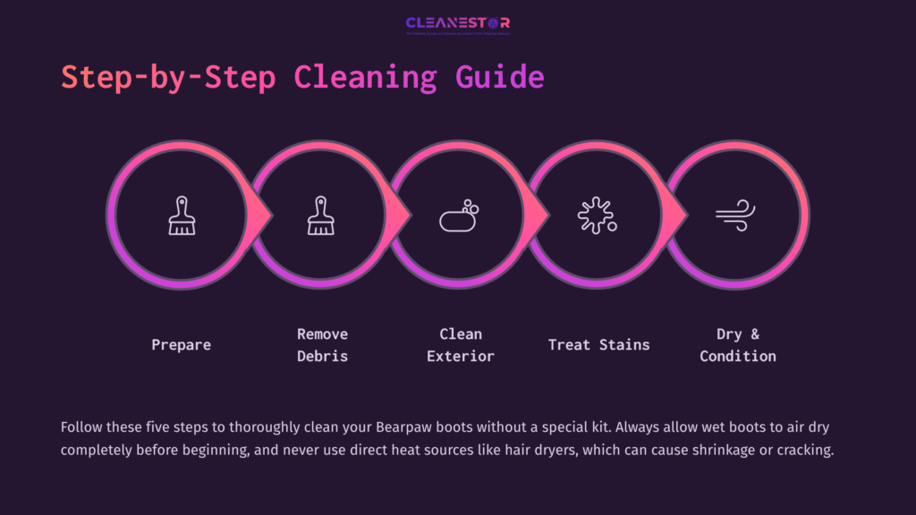 Step-By-Step Cleaning Guide For Bearpaw Boots: Prepare, Remove Debris, Clean Exterior, Treat Stains, Dry &Amp; Condition. The Guide Features Colorful Circular Icons And Text On A Dark Purple Background.