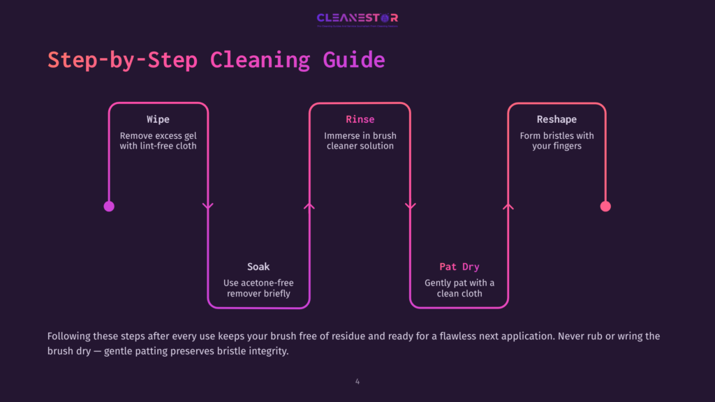 Step-By-Step Cleaning Guide For Makeup Brushes: Wipe Excess Gel With Lint-Free Cloth, Rinse In Brush Cleaner Solution, Reshape Bristles, Soak In Acetone-Free Remover, And Pat Dry With A Clean Cloth.