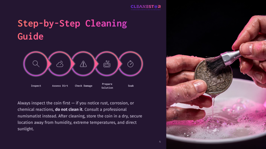 Step-By-Step Cleaning Guide For Coins, With Icons For Inspect, Assess Dirt, Check Damage, Prepare Solution, And Soak. A Hand Holding A Coin Under A Brush In Soapy Water Is Shown On The Right.
