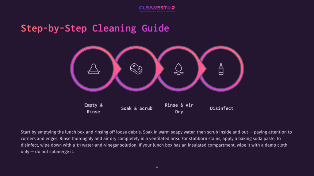 Infographic Detailing A Step-By-Step Cleaning Guide For Lunch Boxes, Featuring Four Circular Icons Representing &Quot;Empty &Amp; Rinse,&Quot; &Quot;Soak &Amp; Scrub,&Quot; &Quot;Rinse &Amp; Air Dry,&Quot; And &Quot;Disinfect.