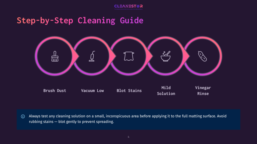 Step-By-Step Cleaning Guide With Icons: Brush Dust, Vacuum Low, Blot Stains, Mild Solution, Vinegar Rinse. Includes A Caution About Testing Cleaning Solutions.