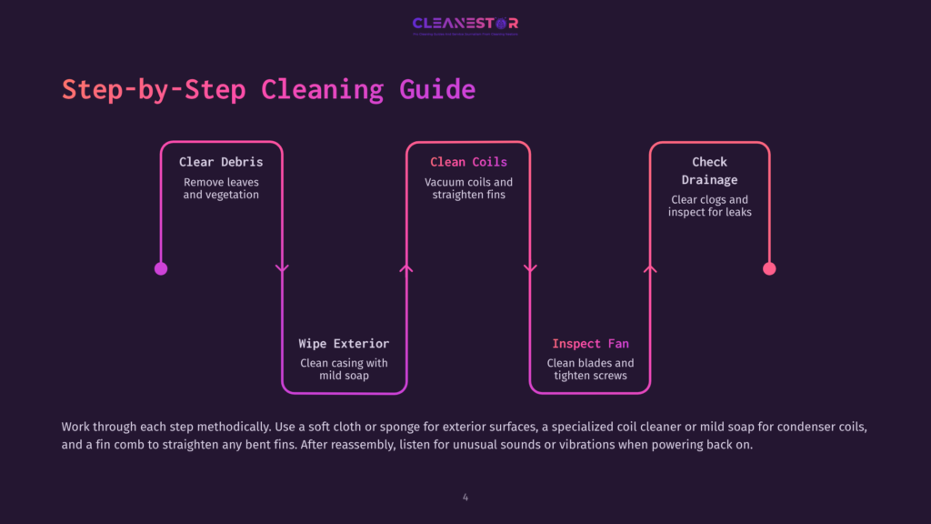 4 Step By Step Cleaning Guide 24 Step-By-Step Cleaning Guide For Hvac Systems: Clear Debris, Clean Coils, And Check Drainage. Includes Instructions For Wiping Exterior, Inspecting Fan, And Clearing Clogs.