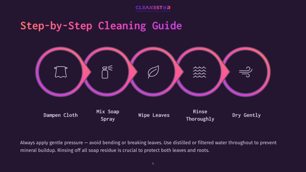 4 Step By Step Cleaning Guide 25 A Step-By-Step Cleaning Guide Infographic Shows Five Stages: Dampen Cloth, Mix Soap Spray, Wipe Leaves, Rinse Thoroughly, And Dry Gently. Each Stage Is Represented By An Icon And A Concise Instruction.