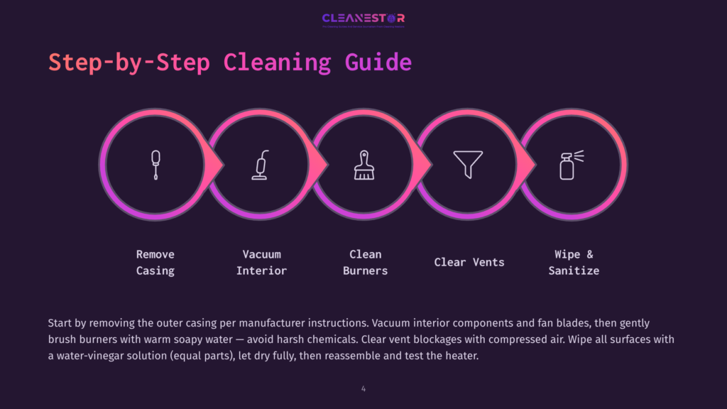 Step-By-Step Cleaning Guide For A Device, Illustrated With Five Icons: Removing Casing, Vacuuming Interior, Cleaning Burners, Clearing Vents, And Wiping/Sanitizing. The Guide Is Presented On A Dark Background With A Gradient Circle Effect.
