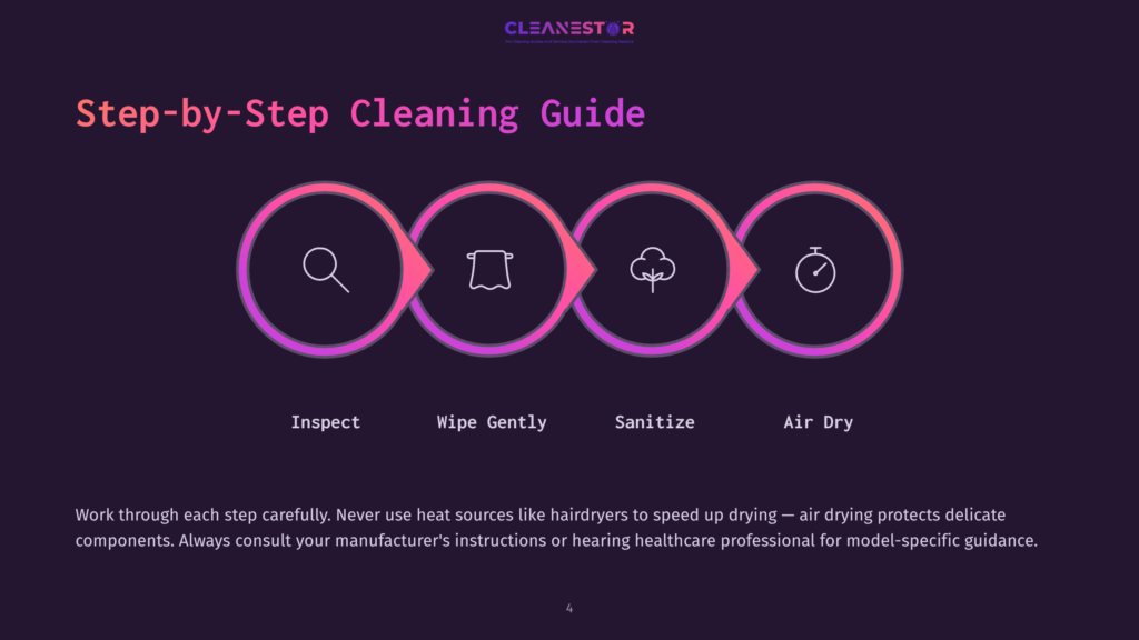 Step-By-Step Cleaning Guide With Icons For Inspect, Wipe, Sanitize, And Air Dry, Presented On A Dark Purple Background With The Cleanestor Logo.