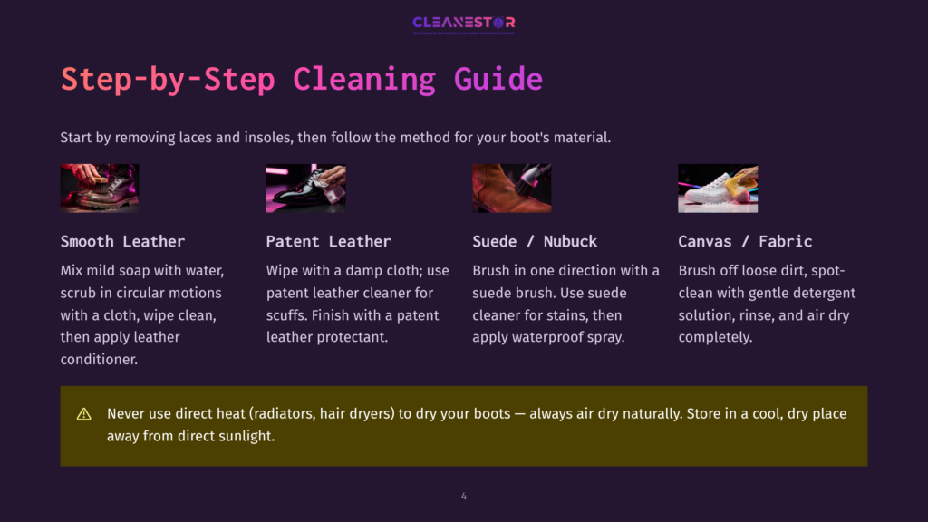 4 Step By Step Cleaning Guide 32 Step-By-Step Guide To Cleaning Boots: Smooth Leather, Patent Leather, Suede/Nubuck, And Canvas/Fabric Cleaning Instructions With Illustrations.