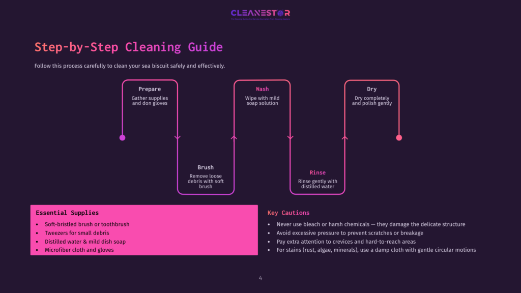 Step-By-Step Cleaning Guide For Sea Biscuits: Prepare, Wash, Rinse, Dry. Essential Supplies And Key Cautions Are Listed. The Guide Uses A Dark Purple Background With Pink And Purple Accents.