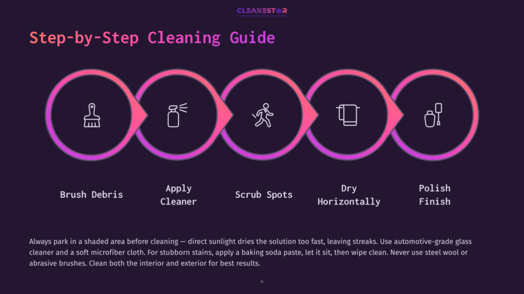 4 Step By Step Cleaning Guide 49 Step-By-Step Car Cleaning Guide With Icons: Brush Debris, Apply Cleaner, Scrub Spots, Dry Horizontally, Polish Finish.