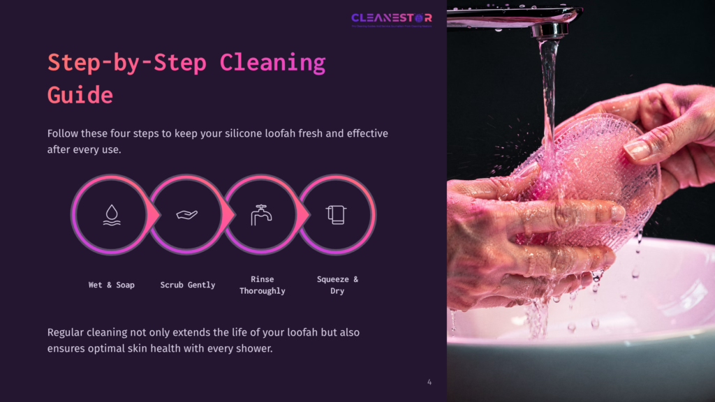 Step-By-Step Cleaning Guide For Silicone Loofahs: Wet &Amp; Soap, Scrub Gently, Rinse Thoroughly, Squeeze &Amp; Dry. A Pink Silicone Loofah Is Rinsed Under Running Water.