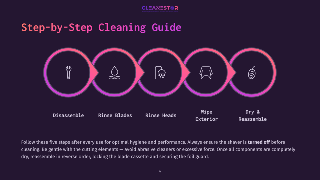 Step-By-Step Cleaning Guide For A Shaver, Featuring Five Icons Representing Disassemble, Rinse Blades, Rinse Heads, Wipe Exterior, And Dry &Amp; Reassemble. The Text &Quot;Cleanestor&Quot; Is At The Top.