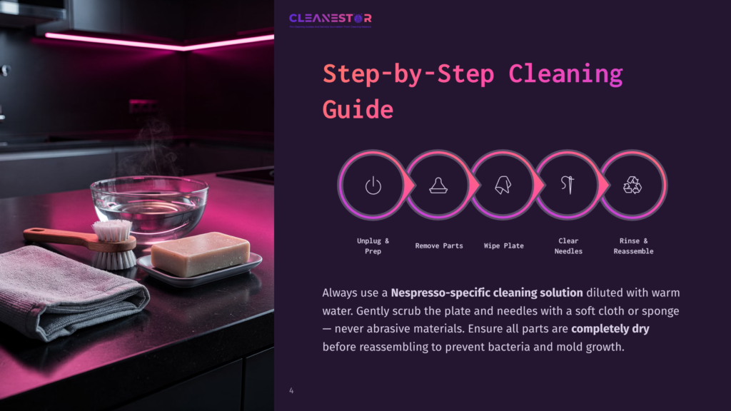 4 Step By Step Cleaning Guide 57 Step-By-Step Cleaning Guide For Nespresso Machines With Icons For Unplugging, Removing Parts, Cleaning Needles, And Rinsing. Text Reads &Quot;Cleanestor&Quot; And &Quot;Step-By-Step Cleaning Guide&Quot;.
