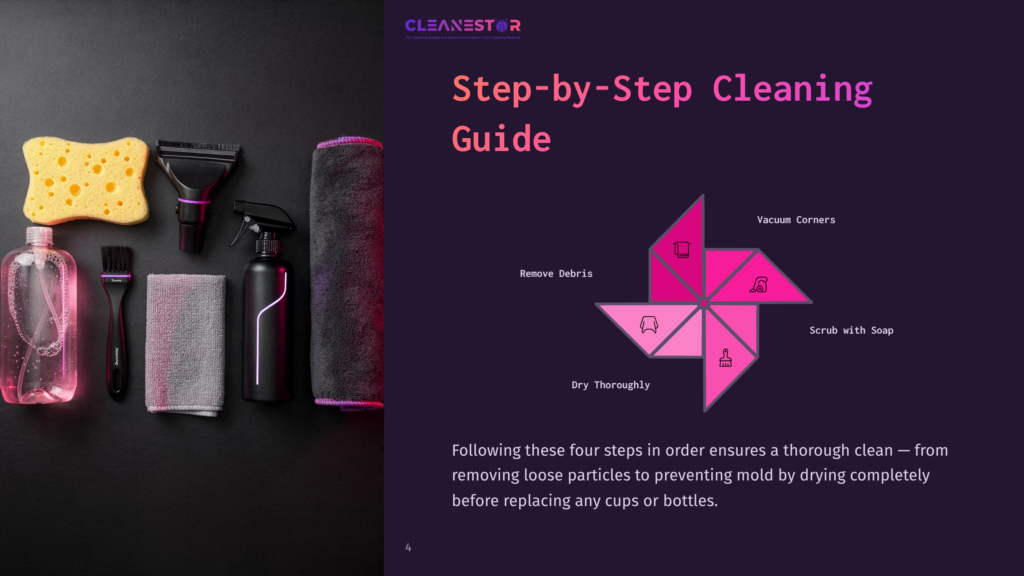Cleanestor Step-By-Step Cleaning Guide With Cleaning Supplies: Sponge, Brush, Spray Bottle, Microfiber Towel, And A Diagram Of The Cleaning Process. Text Reads &Quot;Cleanestor&Quot; And &Quot;Step-By-Step Cleaning Guide.