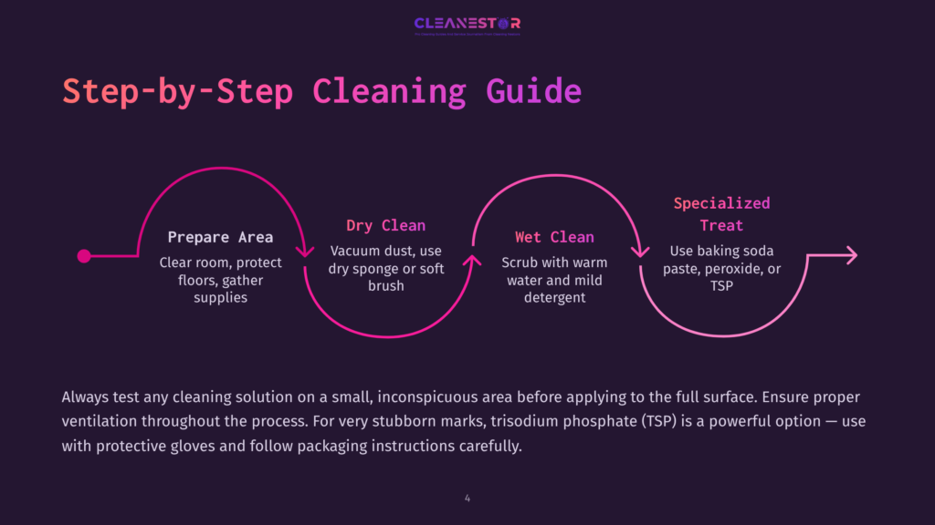 Step-By-Step Cleaning Guide With Four Phases: Prepare Area, Dry Clean, Wet Clean, Specialized Treat, Displayed On A Purple Background.