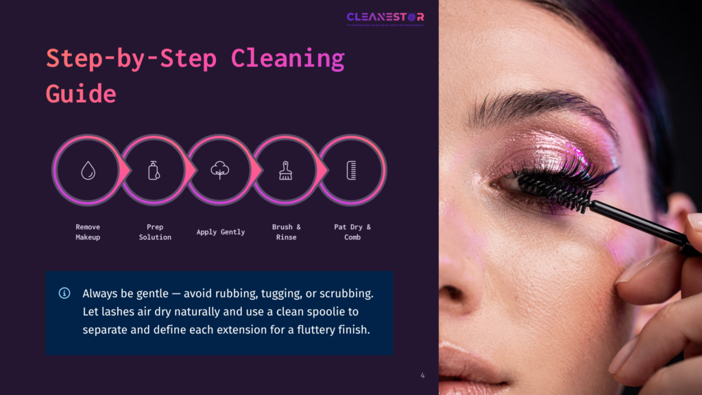 A Close-Up Of A Woman'S Eye With Long Lashes, Applying Makeup With A Mascara Wand. Text Overlay Highlights Step-By-Step Cleaning Guide Instructions.