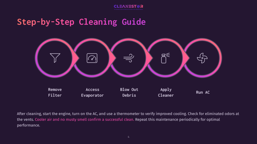 Step-By-Step Cleaning Guide For Ac Units: Remove Filter, Access Evaporator, Blow Out Debris, Apply Cleaner, And Run Ac. Text Includes Cleanestor Logo.
