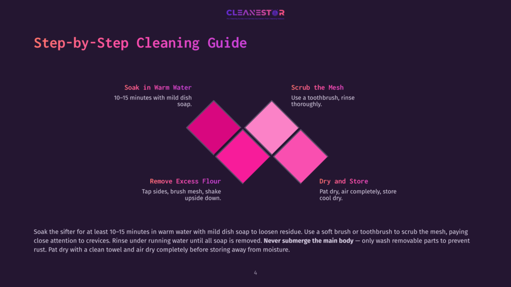 Step-By-Step Cleaning Guide For A Sifter, With Instructions On Soaking, Scrubbing, And Drying. The Guide Features A Colorful Graphic With Diamond Shapes In Shades Of Pink And Purple.