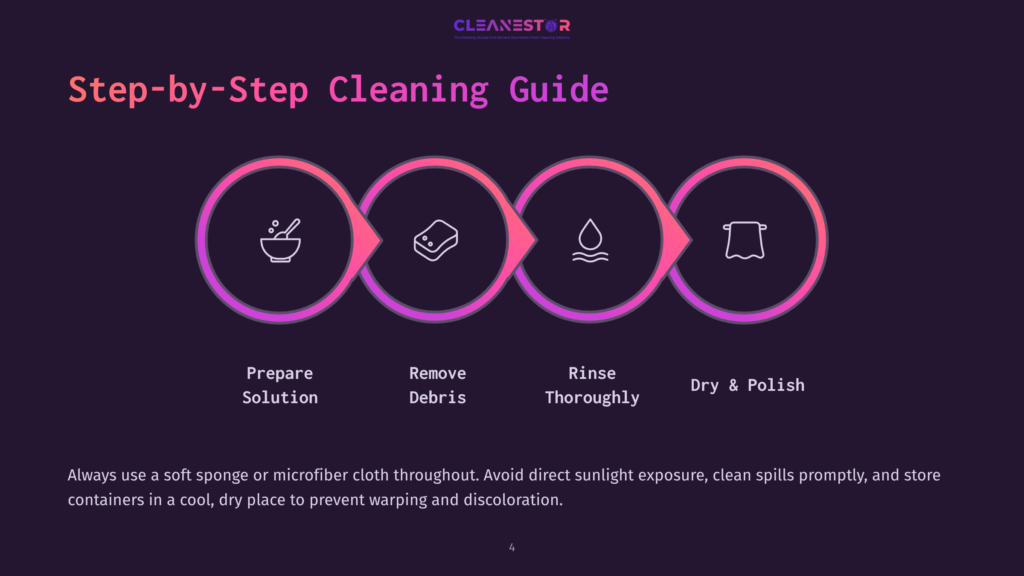 4 Step By Step Cleaning Guide 73 Step-By-Step Cleaning Guide With Icons For Prepare Solution, Remove Debris, Rinse Thoroughly, And Dry And Polish.