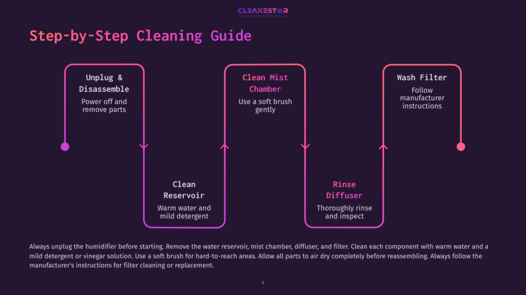 Step-By-Step Guide For Cleaning A Humidifier, Detailing Unplugging, Cleaning The Reservoir And Mist Chamber, And Washing The Filter.