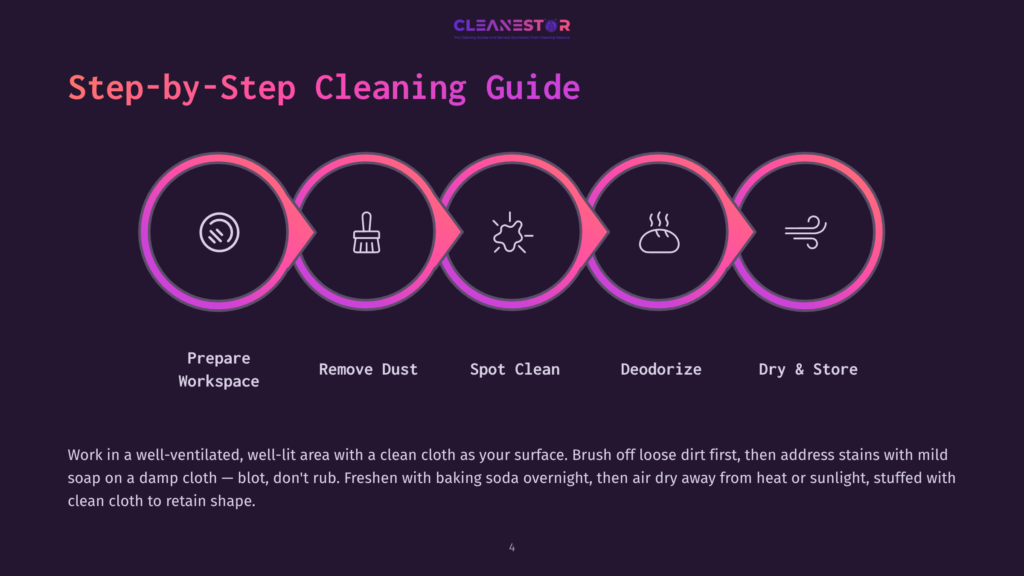 Step-By-Step Cleaning Guide Illustration Showing Five Icons Representing: Prepare Workspace, Remove Dust, Spot Clean, Deodorize, And Dry &Amp; Store. The Text &Quot;Cleanestor&Quot; Is At The Top.