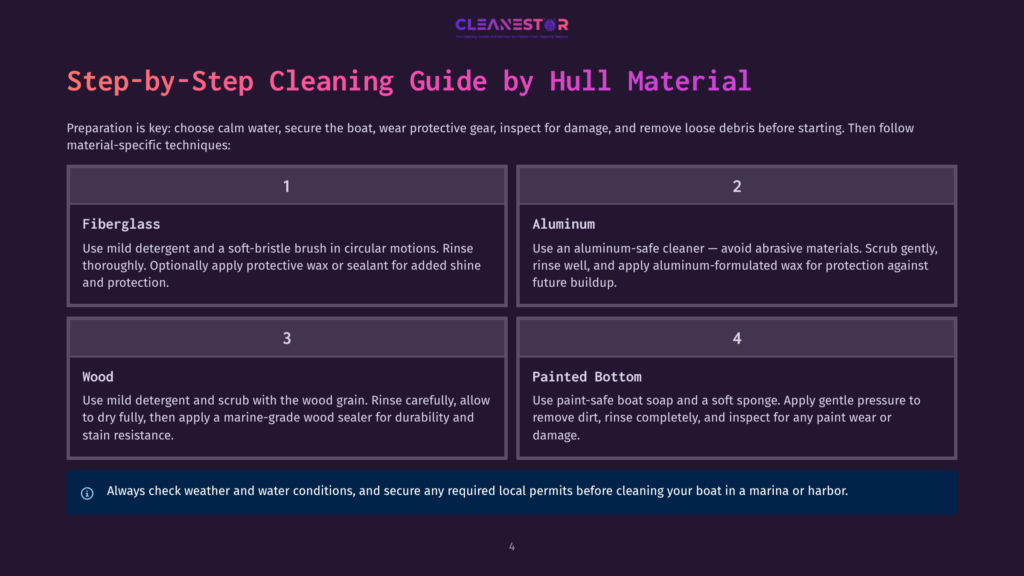 Step-By-Step Cleaning Guide For Hull Materials: Fiberglass, Aluminum, Wood, And Painted Bottom. Includes Cleaning Tips And Protective Wax/Sealant Application.