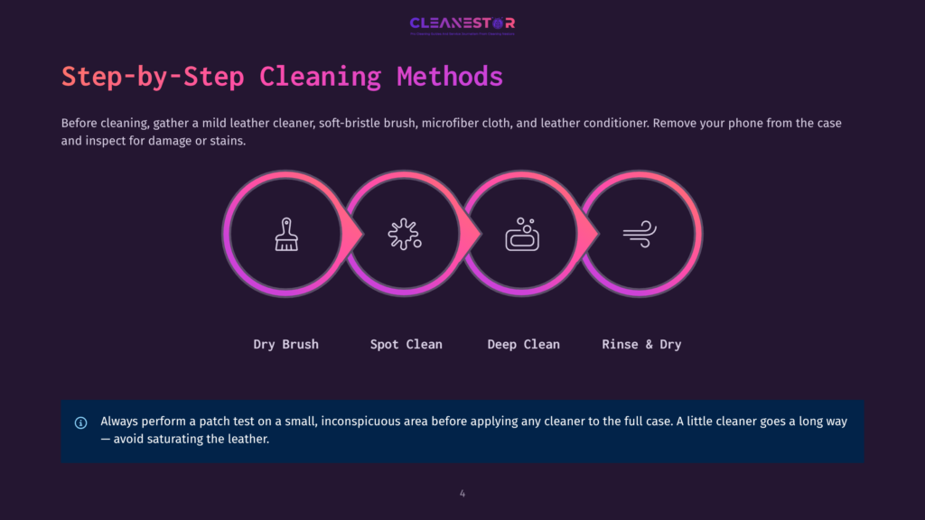 Step-By-Step Cleaning Methods For Phones: Dry Brush, Spot Clean, Deep Clean, And Rinse &Amp; Dry. Always Patch Test Cleaners On An Inconspicuous Area.