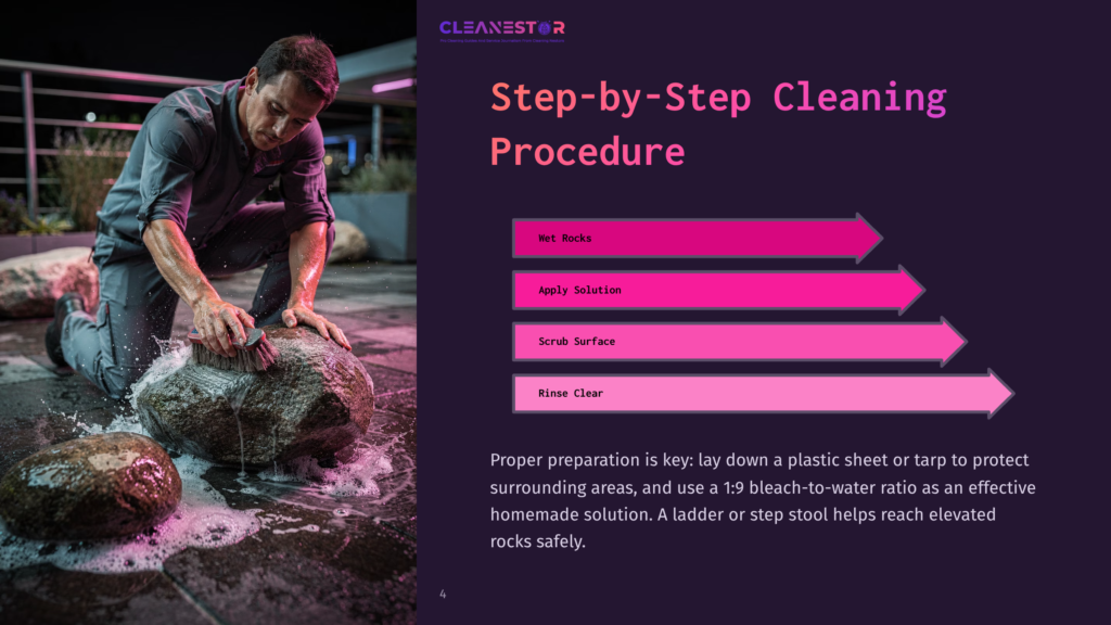 Man Scrubbing A Large Rock With A Brush, Suds And Water Splashing, With A Step-By-Step Cleaning Procedure Graphic On The Right Showing &Quot;Wet Rocks&Quot;, &Quot;Apply Solution&Quot;, &Quot;Scrub Surface&Quot;, And &Quot;Rinse Clear&Quot;.