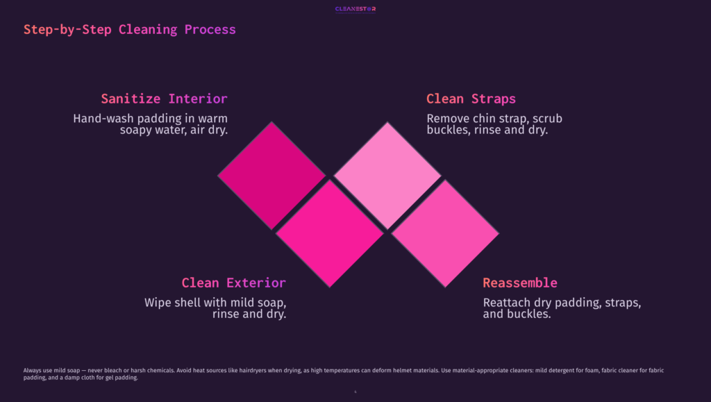 Step-By-Step Cleaning Process Infographic Shows Four Sections With Arrows Connecting Them. The Top Left Section Is Labeled &Quot;Sanitize Interior,&Quot; Indicating Hand-Washing Padding In Warm Soapy Water And Air Drying. The Top Right Section Is &Quot;Clean Straps,&Quot; Advising To Remove Chin Strap, Scrub Buckles, Rinse, And Dry. The Bottom Left Section Is &Quot;Clean Exterior,&Quot; Suggesting Wiping The Shell With Mild Soap, Rinsing, And Drying. The Bottom Right Section Is &Quot;Reassemble,&Quot; Detailing Reattaching Dry Padding, Straps, And Buckles. Below The Infographic, A Note Reads, &Quot;Always Use Mild Soap – Never Bleach Or Harsh Chemicals. Avoid Heat Sources Like Hairdryers When Drying, As High Temperatures Can Deform Helmet Materials. Use Material-Appropriate Cleaners: Mild Detergent For Foam, Fabric Cleaner For Fabric Padding, And A Damp Cloth For Gel Padding.