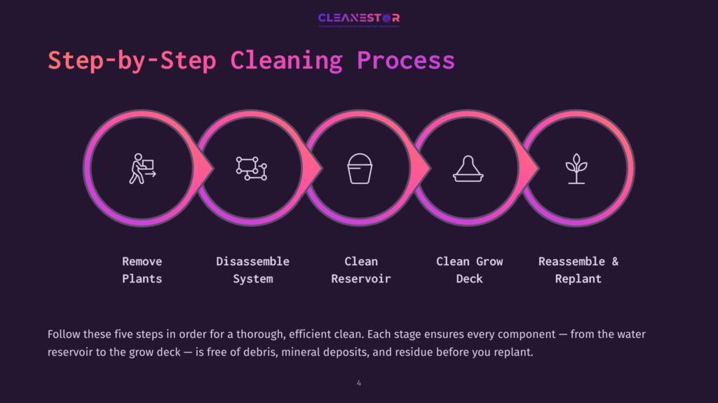 4 Step By Step Cleaning Process Step-By-Step Cleaning Process Infographic For A Hydroponic System, Showing Five Stages: Remove Plants, Disassemble System, Clean Reservoir, Clean Grow Deck, And Reassemble &Amp; Replant. The Text &Quot;Cleanestor&Quot; Is At The Top.