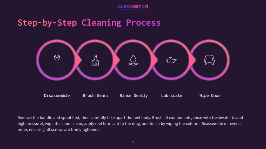 Step-By-Step Cleaning Process Graphic With Icons For Disassembling, Brushing Gears, Rinsing Gently, Lubricating, And Wiping Down, On A Dark Background.