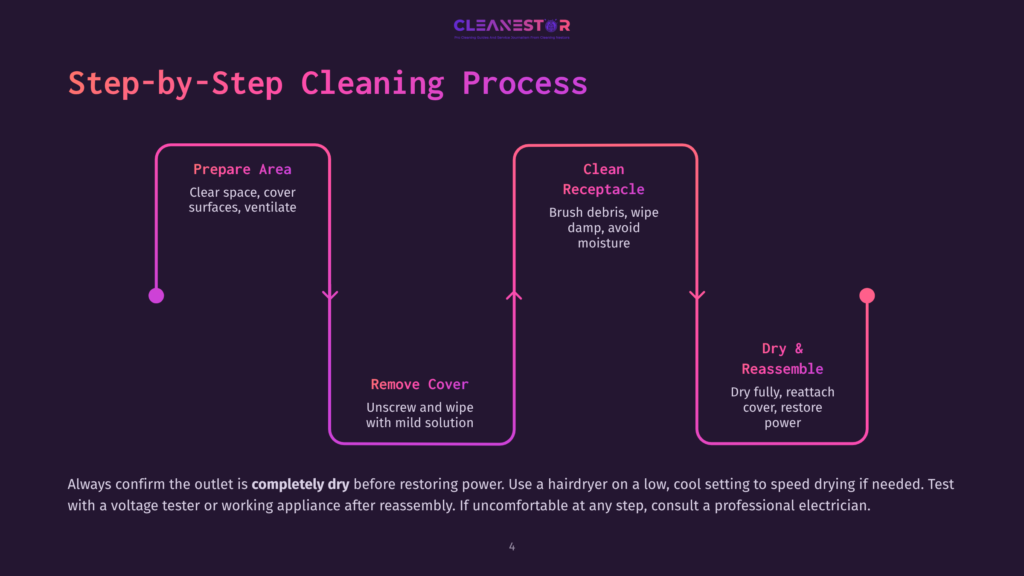 4 Step By Step Cleaning Process 106 Step-By-Step Cleaning Process Infographic: Prepare Area, Clean Receptacle, Remove Cover, Dry &Amp; Reassemble. Detailed Steps Include Clearing Space, Brushing Debris, Unscrewing And Wiping With Mild Solution, And Drying Fully Before Reattachment.